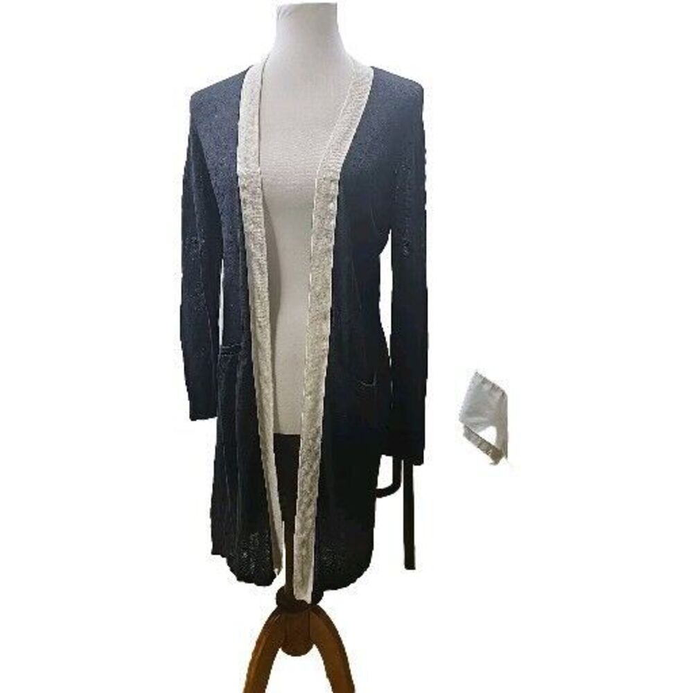 Talbots Women's‎ Small Black Ivory Trim Linen Open Front Duster Cardigan Sweater